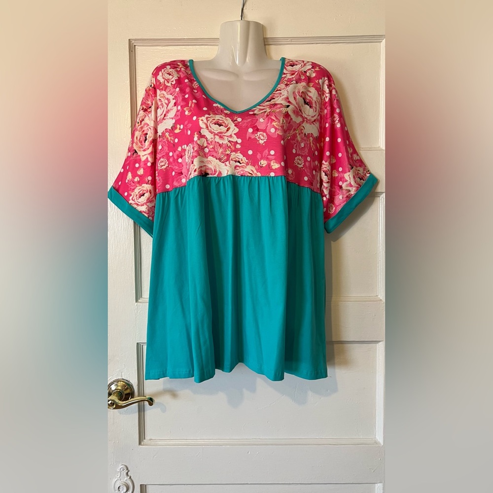 Floral Pink & Teal Relaxed V-Neck Babydoll Top